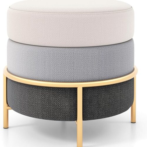 a The Giantex Round Ottoman Foot Rest combines functionality with elegant design to enhance your living space. Upholstered in high-quality linen fabric, it offers a comfortable and stylish seating option. The stable X-shaped metal frame with golden legs provides durability and adds a touch of sophistication to your room. Whether used as a footrest, extra seating, or a vanity stool, this ottoman complements various decor styles in your living room, bedroom, or entryway.