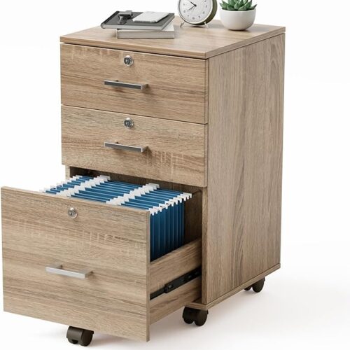 VINGLI 3-Drawer File Cabinet with Lock - Wood Rolling File Cabinet - Under Desk File Cabinets for Home Office - Mobile Printer Stand & File Cabinet for Letter-Sized Files - 26" H (Caster Included) - Oak