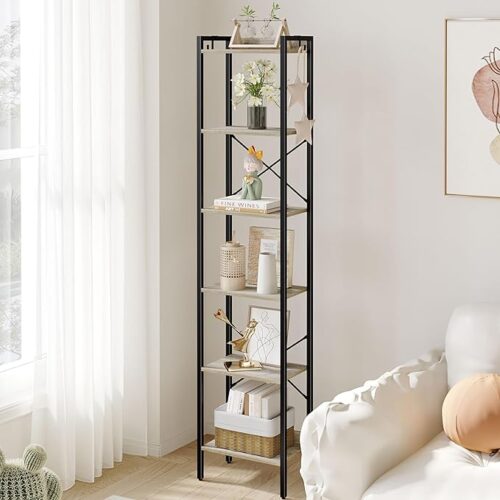 a 6-Tier Industrial Bookshelf with 2 Hooks - Corner Shelf Storage Organizer for Home Office, Living Room, Bedroom, Kitchen - Greige (Model BC10705B)