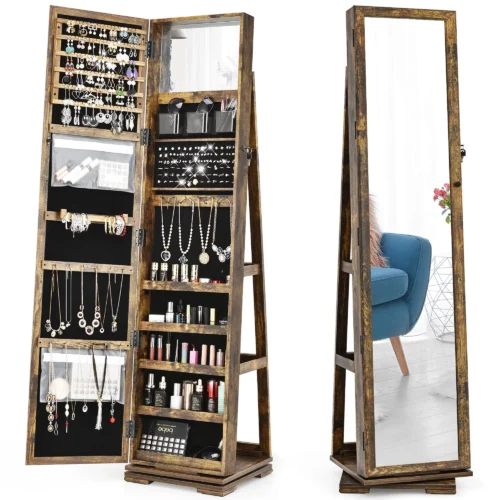 Costway 360-Degree Rotatable Jewelry Cabinet Armoire 2-in-1 Lockable Mirrored Coffee Table