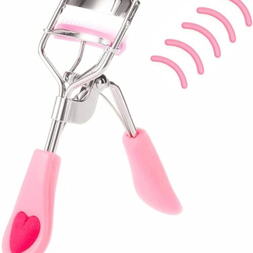 Stainless Steel Eyelash Curler with Built-in Comb - Pinch and Pain-Free, Suitable for All Eye Shapes and Sizes, Includes 5 Silicone Refill Pads (Light Pink)
