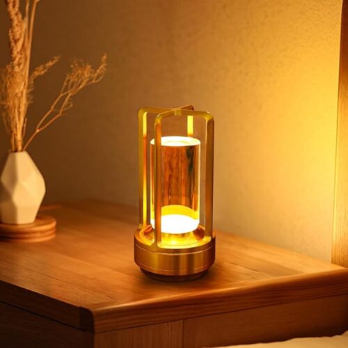 a Cordless Table Lamp with Touch Sensor - Lumisom Crystal Lantern Lamp - Rechargeable Cordless LED Lamp with 3-Color Stepless Dimming - Touch Desk Lamp for Bedroom, Restaurant, Home, Outdoor (Gold)