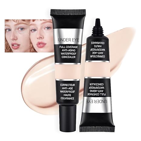 Kaely 2Pcs Under Eye Concealer Full Coverage - Waterproof Concealer for Dark Circles, Puffiness, and Redness - Cream Foundation Eye Brightener - Color Corrector, Anti-Aging, Natural Matte Finish - Light C