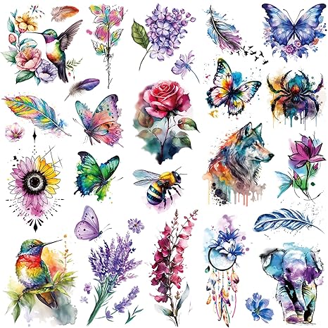 a 8 Sheets Large 3D Watercolor Temporary Tattoos for Women Girls | Colorful Flower, Hummingbird, Butterfly Designs | Realistic, Long-Lasting Fake Tattoo Stickers | Waterproof | Body Art for Women Adults