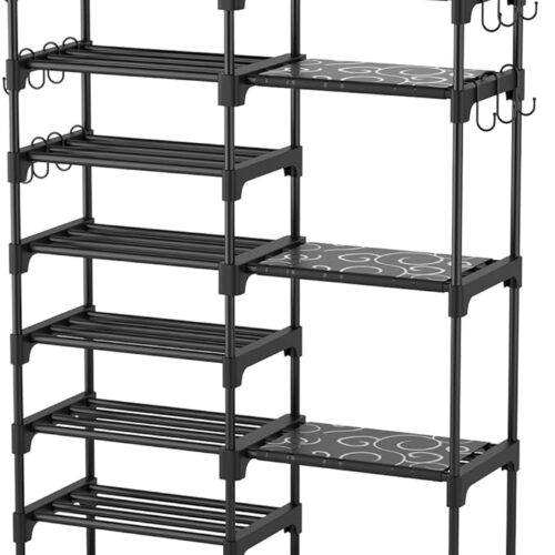 ROJASOP Shoe Rack Organizer | 8-Tier Metal Shoe Rack for Closet, Entryway, Garage | Holds 26-32 Pairs of Shoes | Tall Shoe Boot Storage Shelf with 15 Hooks | Stackable Large Shoe Stand