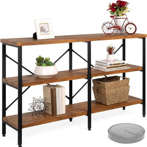 Best Choice Products Large Console Table - 3-Tier 55in Rustic Industrial Sofa Table Storage for Living Room, Entryway, Foyer, Hallway with EVA Non-Scratch Feet - Steel Frame - Brown