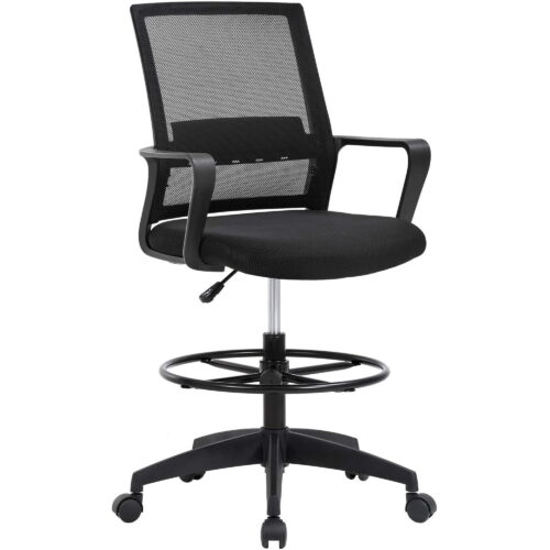 Drafting Chair Tall Office Chair - Adjustable Height with Lumbar Support, Arms, Footrest - Mid Back Desk Chair - Swivel Rolling Mesh Computer Chair for Adults - Standing Desk Drafting Stool (Black)