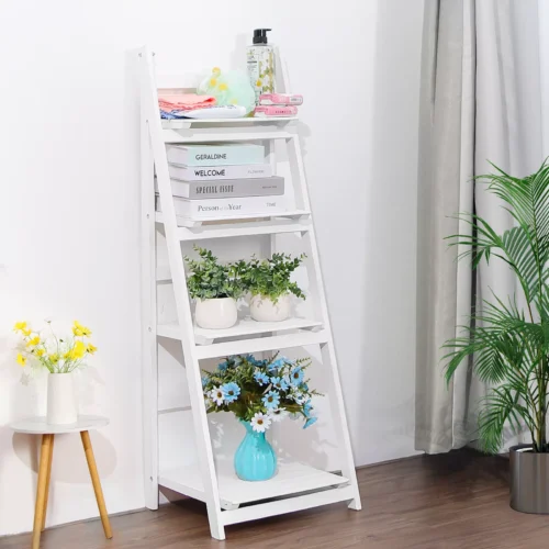 White Foldable 4-Tier Ladder Bookcase - Plant Stand, Storage Rack, Shelf Display, USA Made