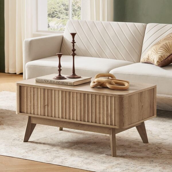 Mopio Brooklyn Mid-Century Modern Lift Top Coffee Table - Waveform Panel with Hidden Storage - Sleek Curved Profile Lift Tabletop Dining Table (Golden Oak, Coffee Table) 3