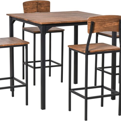HOMCOM Counter Height Bar Table Set for 4 - Square Kitchen Table and Chairs Set with Footrest - Metal Legs - Industrial Dinner Table Set in Walnut