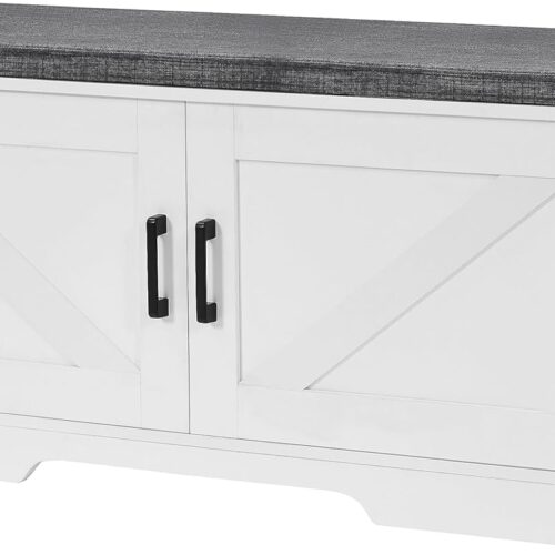 HOMSHO 2-Tier Storage Bench - Shoe Bench with Padded Seat Cushion - Entryway Bench with 2 Barn Doors - Adjustable Shelf - 39.4" L x 13.8" W x 17.7" H - Ideal for Entryway, Living Room, Bedroom - White