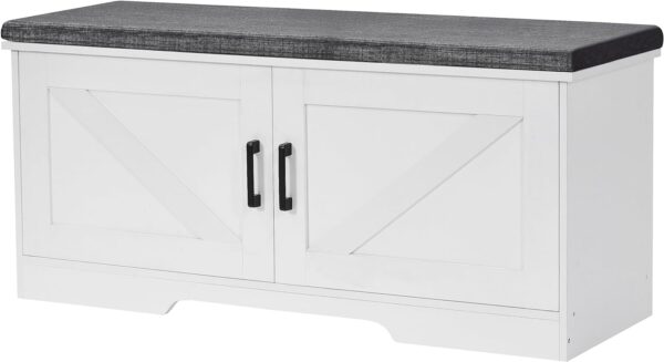 HOMSHO 2-Tier Storage Bench - Shoe Bench with Padded Seat Cushion - Entryway Bench with 2 Barn Doors - Adjustable Shelf - 39.4" L x 13.8" W x 17.7" H - Ideal for Entryway, Living Room, Bedroom - White 1