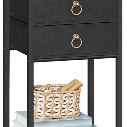 HOOBRO Nightstand, End Table with 2 Fabric Drawers and Storage Shelf, 26.7-Inch Side Table, Slim Night Stand for Bedroom, Black BB106BZ01