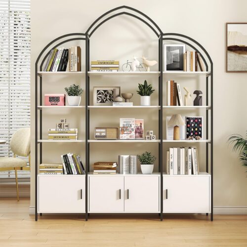 Semoic Arched Bookshelves and Bookcases: Triple Wide 5-Tier Large Open Bookshelf - Etagere Bookcase with Display Shelf for Home Office - White and Black