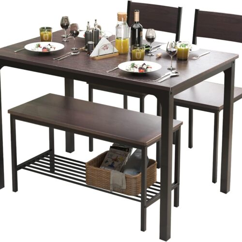 a1 Soges 4 Person Dining Table Set - 43.3 inch Kitchen Table Set for 4 - Includes 2 Chairs with Backrest and 2-Person Bench with Storage Rack - Nesting Furniture Set for Dining Room and Restaurant - Rustic Oak Finish
