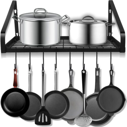 a1 Felibeaco Wall Mounted Pot Rack - Hanging Pots and Pans Storage Organizer Holder with Hooks - Kitchen Wall Storage Shelf for Utensils, Cookware - Black