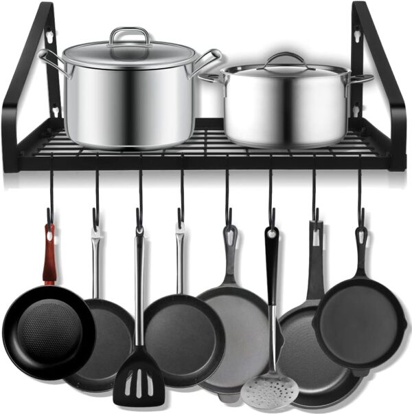Felibeaco Wall Mounted Pot Rack - Hanging Pots and Pans Storage Organizer Holder with Hooks - Kitchen Wall Storage Shelf for Utensils, Cookware - Black 1