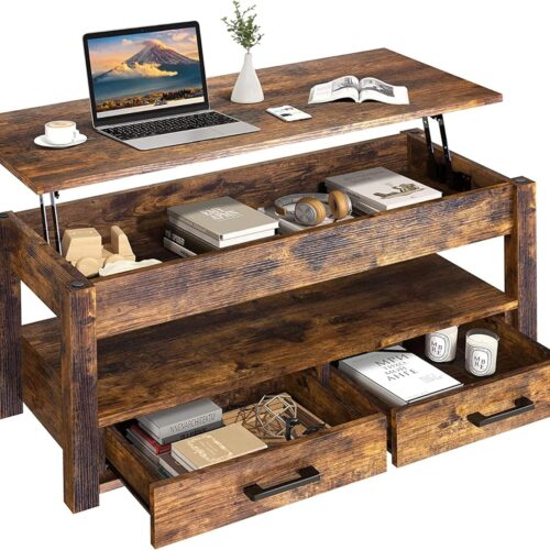 a1 FABATO 41.7'' Lift Top Coffee Table with 2 Storage Drawers - Hidden Compartment - Open Storage Shelf for Living Room - Rustic Brown Finish