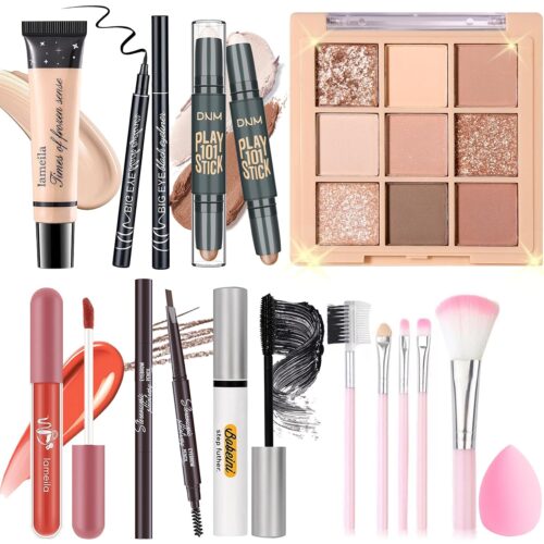 YBUETE All-in-One Makeup Set Kit for Women Girls Teens - Makeup Gift Set - Includes 9 Color Eyeshadow, Counter Stick, Foundation, Eyebrow Pencil, Eyeliner, Mascara, Lip Gloss, 5Pcs Brushes, and Sponge