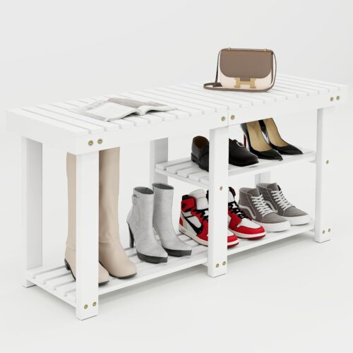 a1 FLYJOE Shoe Rack Bench - 3-Tier Freestanding Wooden Shoe Organizer with Seat - Entryway Bench - Storage Shelf for Kitchen, Living Room, Bathroom, Bedroom - White