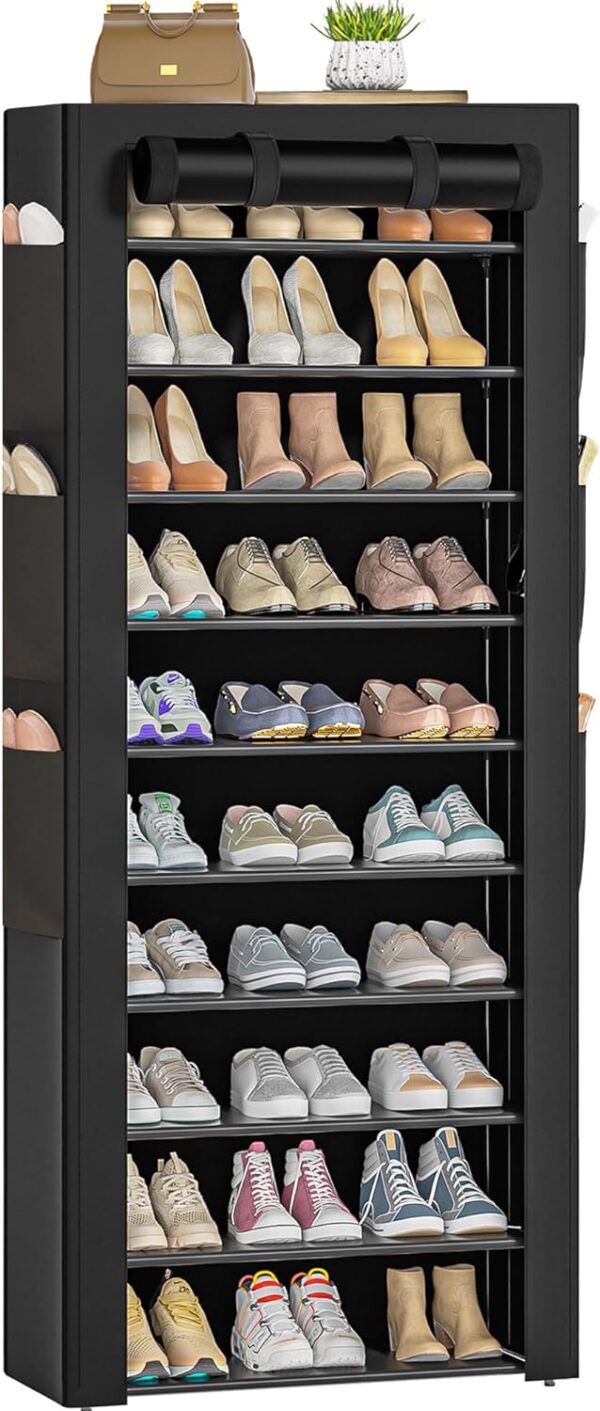 OYREL Large Shoe Rack - Black - 6 Side Pockets - 23.6" Wide x 11.4" Deep x 68.9" Tall - Holds 36-41 Pairs of Shoes 1