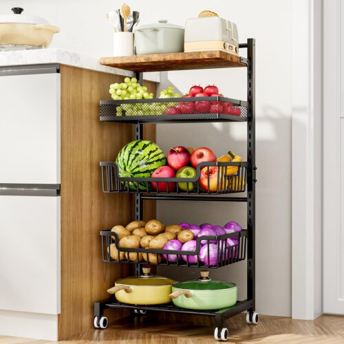 HapiRm 5 Tier Fruit Basket Kitchen Storage Cart - Adjustable Fruit and Vegetable Basket - Wooden Top Table Fruit Rack - Snack Cart with Wheels - Metal Mesh and Wire Storage Basket for Onions and Potatoes