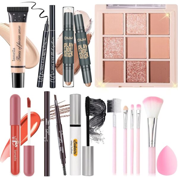 YBUETE All-in-One Makeup Set Kit for Women, Girls, Teens - Makeup Gift Set - Includes 9 Color Eyeshadow, Counter Stick, Foundation, Eyebrow Pencil, Eyeliner, Mascara, Lip Gloss, 5Pcs Brushes, and Sponge 1