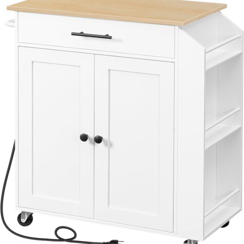 a1 HOOBRO Kitchen Island with Power Outlet - Kitchen Storage Island with Spice Rack and Drawer - Rolling Kitchen Cart on Wheels - for Home, Kitchen, and Dining Room - White and Natural Finish WN82UZD01G1