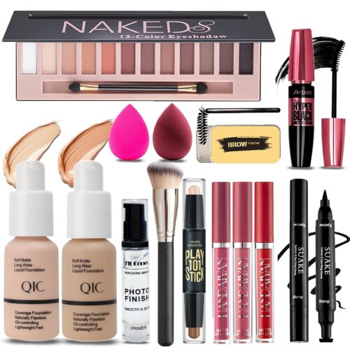 All-in-One Makeup Kit for Women - Full Kit - Includes 12 Colors Eyeshadow, Foundation & Primer, Lipsticks, Eyeliner, Mascara, Contour Stick, Brow Soap, Makeup Brush & Sponge - Make Up Gift Set for Women, Teens