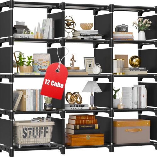 a1 REIBII Bookshelf - 12 Bookshelves - DIY Bookcase - Black Tall Bookshelf - Ideal for Bedroom, Office, Living Room, Closet
