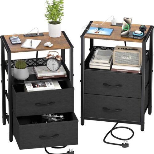 a1 Vimiroo Nightstands Set of 2 - End Table with Charging Station - Side Tables for Bedroom with 4 Fabric Drawers - 3-Tier Bedside Table with Storage Shelf - Ideal for Living Room, Office, Bedroom - Black, Set of 2
