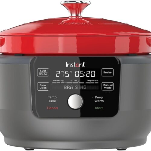 a1 6-Quart 1500W Electric Dutch Oven with Recipe Book - Braise, Slow Cook, Sear, Warm - Red Enameled Cast Iron