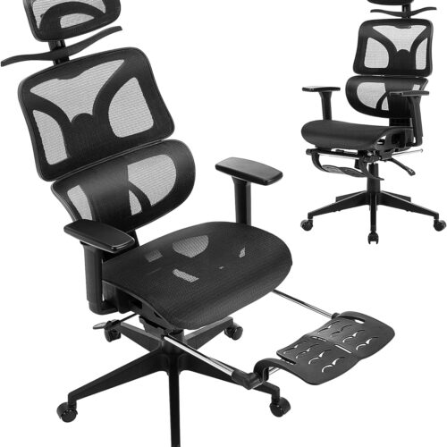 a1 VECELO Swivel Ergonomic High Back Mesh Office Chair with Retractable Footrest - Adjustable Backrest, Tilt Function, 3D Armrests & Headrest - Lumbar Support for Executive, Computer Desk, Task Work - Black