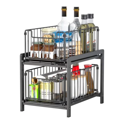2 Tier Stackable Sliding Basket Under Sink Storage - Pull Out Organizer Drawer for Kitchen Bathroom