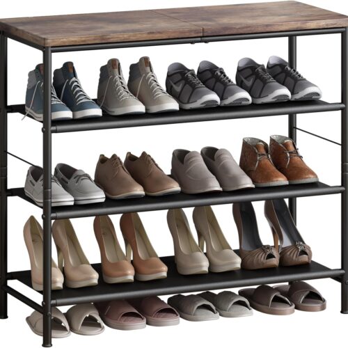 INGIORDAR Shoe Rack Organizer - 4 Tier Metal Shelf with Industrial MDF Board and Fabric Layers - Ideal for Entryway, Closet, Bedroom, Living Room, Garage - Black & Rustic Brown