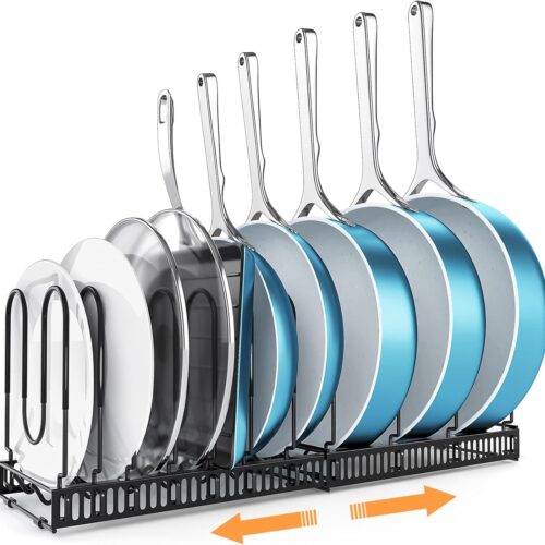 ORDORA Pots and Pans Organizer Rack - Expandable Cutting Board and Pot Lid Holder with 10 Adjustable Dividers - Kitchen Cabinet Storage and Organization