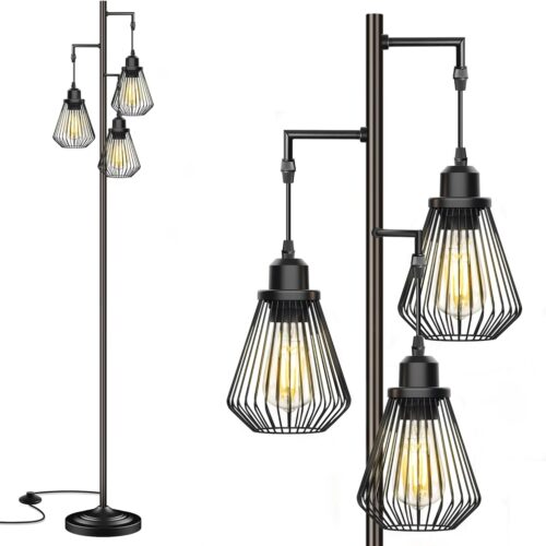 Industrial Floor Lamp for Living Room - Farmhouse Standing Lamp with 3 Hanging Teardrop Cage Shades - 68" Modern Rustic Tall Lamp with Pedal Switch for Bedroom, Office, Home Decor - Black
