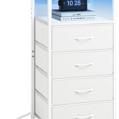 a1 Fixwal LED Tall Nightstand with Charging Station - White Small Dresser Bed Side Table, 4 Fabric Storage Drawers, USB Ports & Outlets for Bedroom, Living Room