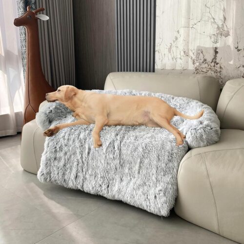Calming Dog Beds XL - Fluffy Plush Couch Cover with Removable Washable Protector, Light Grey Furniture Cover for Extra Large Dogs