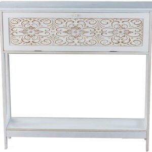 Carved Console Table - Slim Antique Entryway Table with Drawer Storage - White Finish