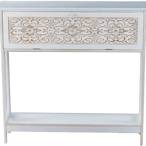 Carved Console Table - Slim Antique Entryway Table with Drawer Storage - White Finish