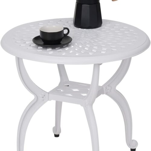 JARDIN DE CENTENNIAL Cast Aluminum Outdoor Side Table - Anti-Rust Patio Coffee Bistro Table - Suitable for Indoor, Garden, Porch, Balcony - Round White