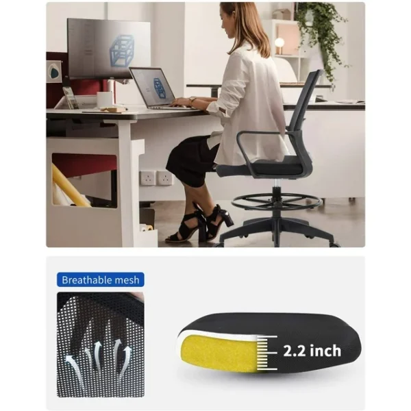 Drafting Chair Tall Office Chair - Adjustable Height with Lumbar Support, Arms, Footrest - Mid Back Desk Chair - Swivel Rolling Mesh Computer Chair for Adults - Standing Desk Drafting Stool (Black) 2