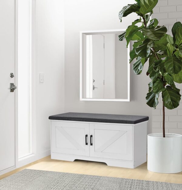 HOMSHO 2-Tier Storage Bench - Shoe Bench with Padded Seat Cushion - Entryway Bench with 2 Barn Doors - Adjustable Shelf - 39.4" L x 13.8" W x 17.7" H - Ideal for Entryway, Living Room, Bedroom - White 2