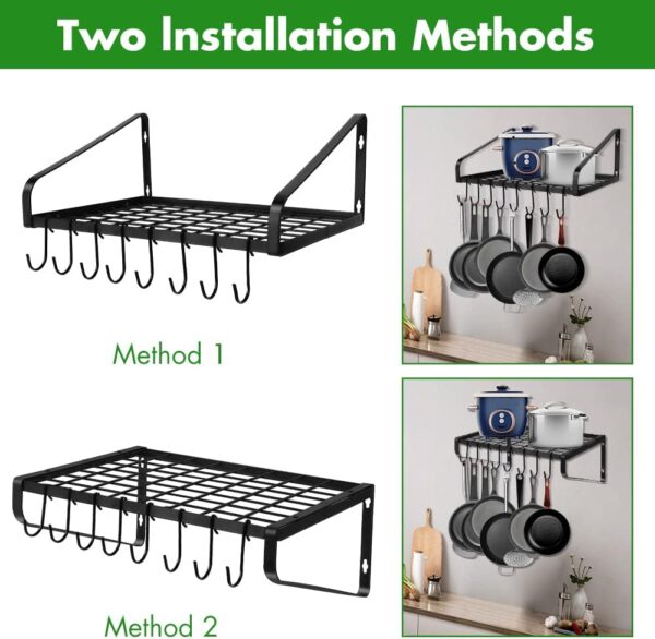 Felibeaco Wall Mounted Pot Rack - Hanging Pots and Pans Storage Organizer Holder with Hooks - Kitchen Wall Storage Shelf for Utensils, Cookware - Black 2