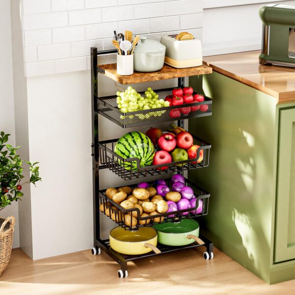 HapiRm 5 Tier Fruit Basket Kitchen Storage Cart - Adjustable Fruit and Vegetable Basket - Wooden Top Table Fruit Rack - Snack Cart with Wheels - Metal Mesh and Wire Storage Basket for Onions and Potatoes 2