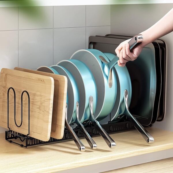 ORDORA Pots and Pans Organizer Rack - Expandable Cutting Board and Pot Lid Holder with 10 Adjustable Dividers - Kitchen Cabinet Storage and Organization 2