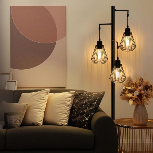 Industrial Floor Lamp for Living Room - Farmhouse Standing Lamp with 3 Hanging Teardrop Cage Shades - 68" Modern Rustic Tall Lamp with Pedal Switch for Bedroom, Office, Home Decor - Black 2