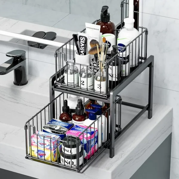 2 Tier Stackable Sliding Basket Under Sink Storage - Pull Out Organizer Drawer for Kitchen Bathroom 2