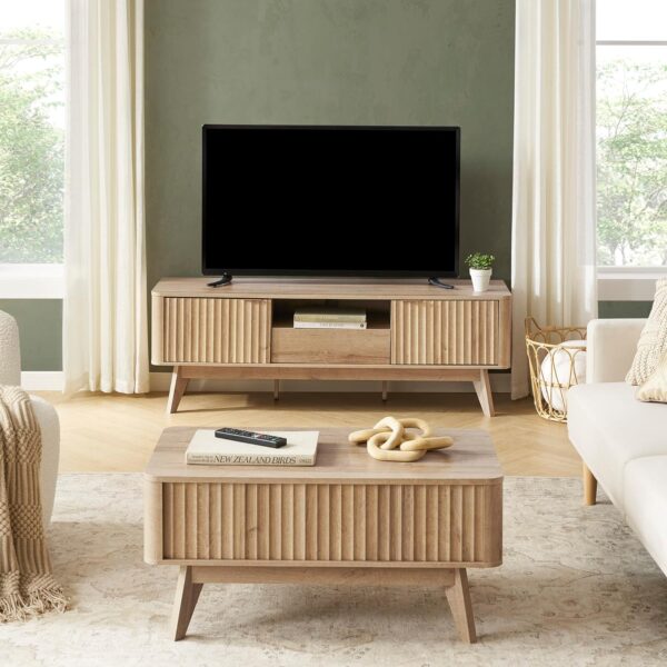 Mopio Brooklyn Mid-Century Modern Lift Top Coffee Table - Waveform Panel with Hidden Storage - Sleek Curved Profile Lift Tabletop Dining Table (Golden Oak, Coffee Table) 2